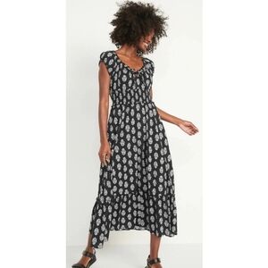 Waist-Defined Short-Sleeve Printed Midi Dress Black And White Women's XS Cotton